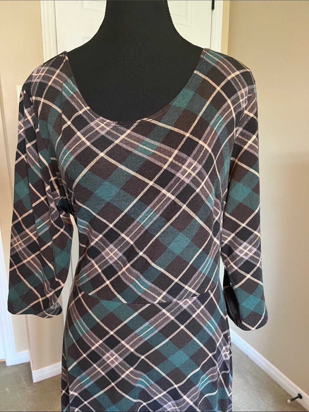 Plaid Teal and Black Maxi Dress with Scoop Neck - Picture 2 of 10